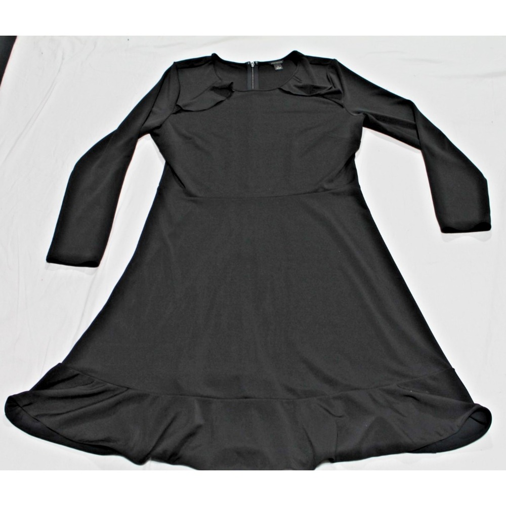 Ann Taylor Womens Size 8 Black Knee Length Dress Ruffle Trim Stretch Fit Flare